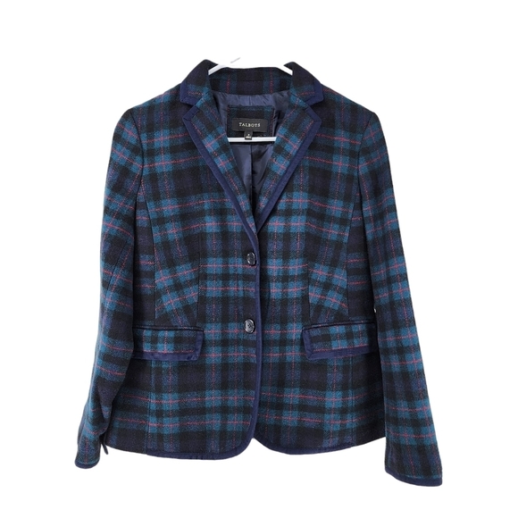 Talbots Women's Plaid Wool Blend Blazer Preppy Academia Green/Navy/ Multi- 4 - Picture 2 of 6